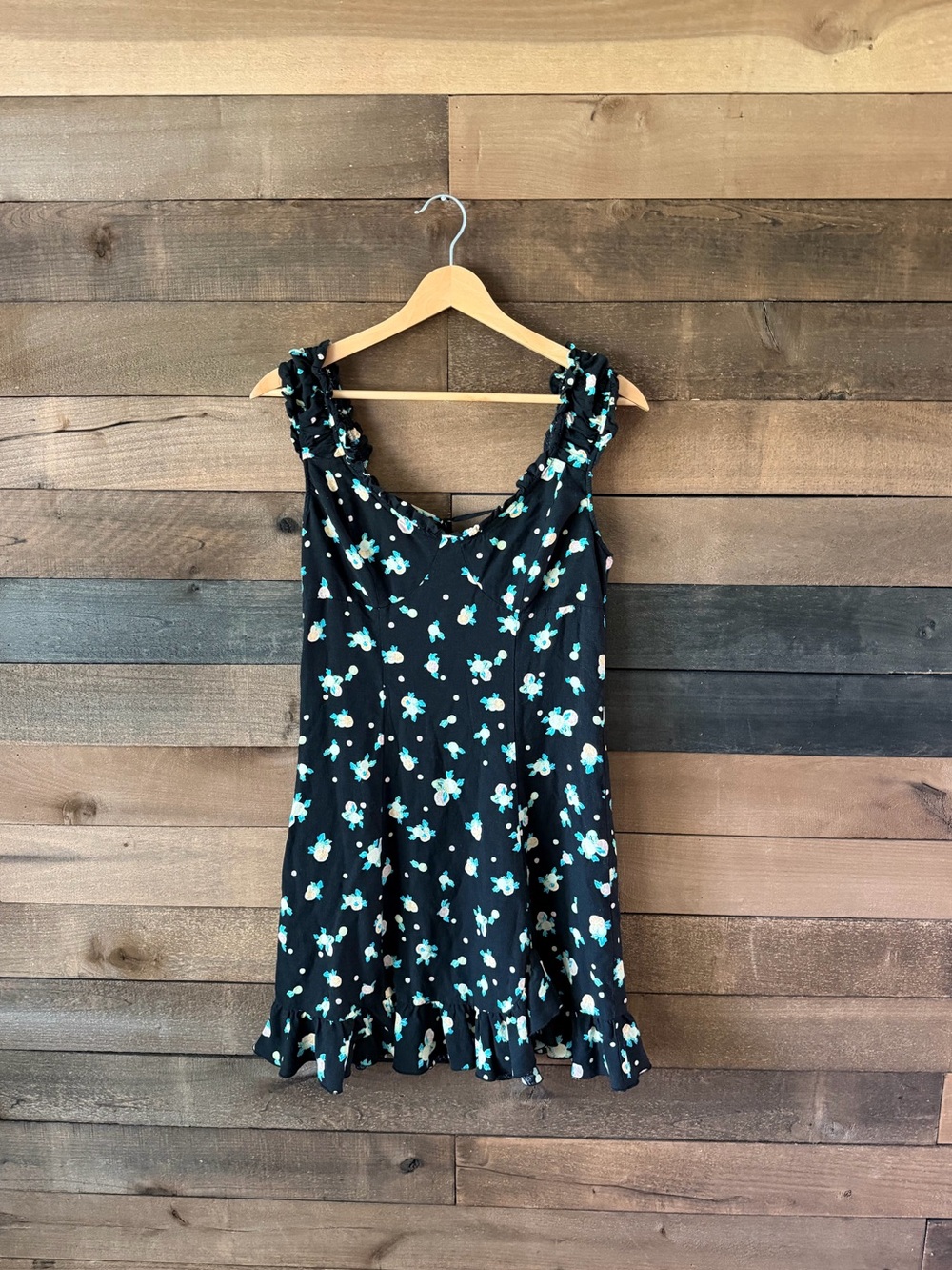 Free People Black Floral Ruffle Mini Dress Sleeveless Boho Size S